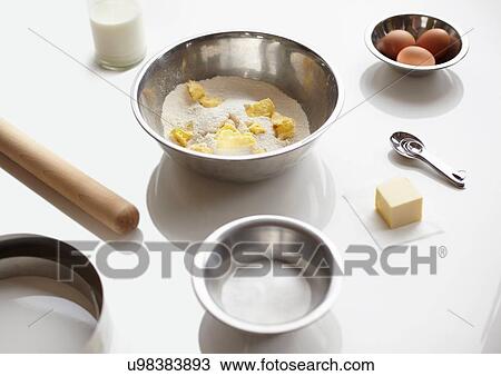 Baking preparation with flour, butter and eggs View Large Photo Image Stock Image - Baking preparation with flour, butter and eggs. Fotosearch