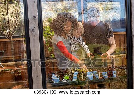 Stock Image - Boy and parents looking at plants. Fotosearch