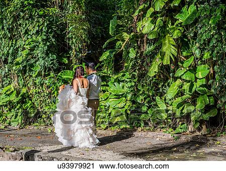 Stock Image - Bride and bridegroom strolling in garden at Hawaiian wedding, Kaaawa, Oahu, Hawaii, USA. Fotosearch
