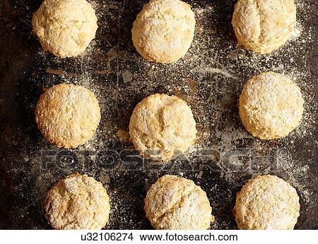 Close up of freshly baked scones on baking tray View Large Photo Image Picture - Close up of freshly baked scones on baking tray. Fotosearch