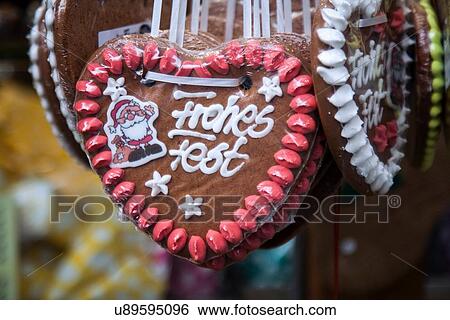 Close up of gingerbread biscuit xmas decorations on German Christmas market stall View Large Photo Image Stock Photograph - Close up of gingerbread biscuit xmas decorations on German Christmas market stall. Fotosearch