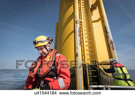 Picture - Engineer preparing to climb windturbine at offshore windfarm. Fotosearch