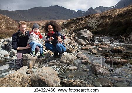 Stock Photo - Family by stream, Fairy Pools, Isle of Skye, Hebrides, Scotland. Fotosearch