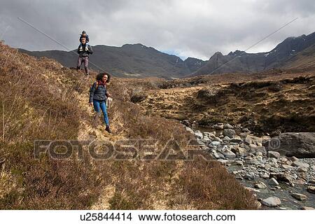 Picture - Family hiking, Fairy Pools, Isle of Skye, Hebrides, Scotland. Fotosearch