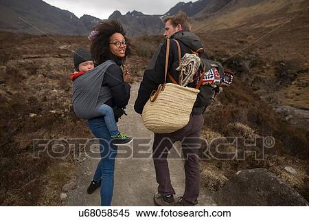 Stock Photography - Family hiking on path, Fairy Pools, near Glenbrittle, Isle of Skye, Hebrides, Scotland. Fotosearch