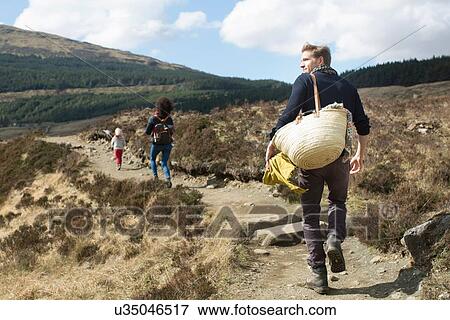 Stock Photo - Family hiking on path in hills, Fairy Pools, Isle of Skye, Hebrides, Scotland. Fotosearch