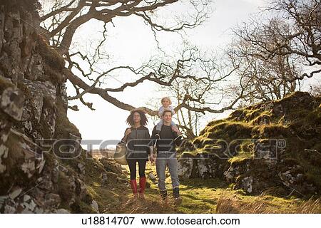 Family on walk, father carrying son on shoulders View Large Photo Image Stock Photo - Family on walk, father carrying son on shoulders. Fotosearch