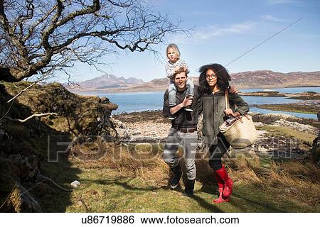 Stock Photograph - Family on walk, father carrying son on shoulders, Loch Eishort, Isle of Skye, Scotland. Fotosearch