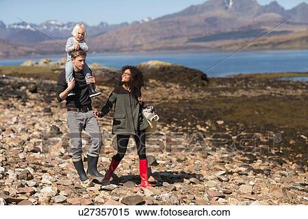 Stock Photography - Family on walk, man carrying son on shoulders, Loch Eishort, Isle of Skye, Hebrides, Scotland. Fotosearch