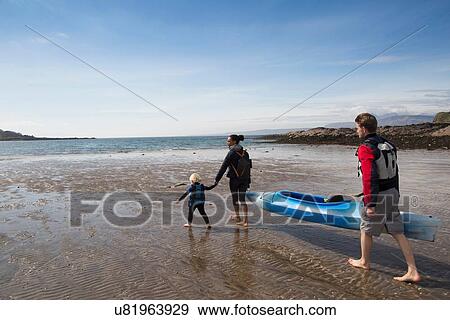 Stock Photo - Family with canoe on beach, Loch Eishort, Isle of Skye, Hebrides, Scotland. Fotosearch