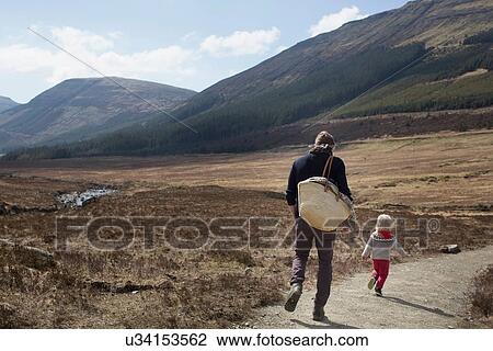 Stock Image - Father and son out hiking, Fairy Pools, Isle of Skye, Hebrides, Scotland. Fotosearch