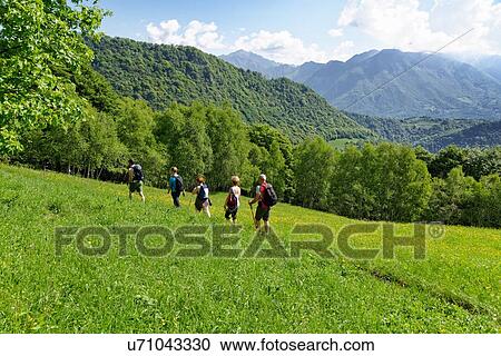 Stock Image - Five mature hikers hiking along hillside path, Grigna, Lecco, Lombardy, Italy. Fotosearch