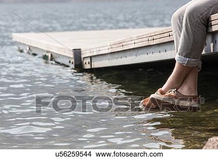 Picture - Legs of young man dangling from pier. Fotosearch