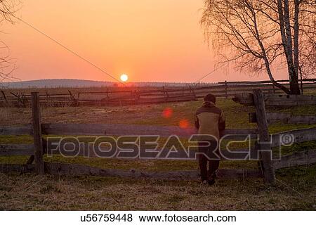 Mid adult man leaning on fence in field, watching the sun set, rear view View Large Photo Image Stock Photo - Mid adult man leaning on fence in field, watching the sun set, rear view. Fotosearch