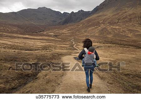 Stock Image - Mother carrying son in sling, Fairy Pools, near Glenbrittle, Isle of Skye, Hebrides, Scotland. Fotosearch