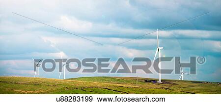 Panoramic view of wind turbines on moorland, UK View Large Photo Image Stock Photo - Panoramic view of wind turbines on moorland, UK. Fotosearch