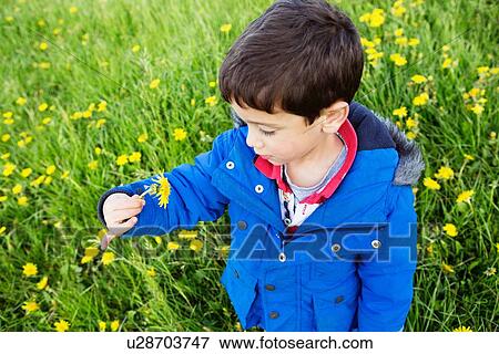 Stock Photo - Portrait of boy in blue coat blowing dandelion clock. Fotosearch