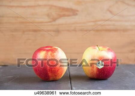 Stock Image - Still life of two apples - one with bio label. Fotosearch