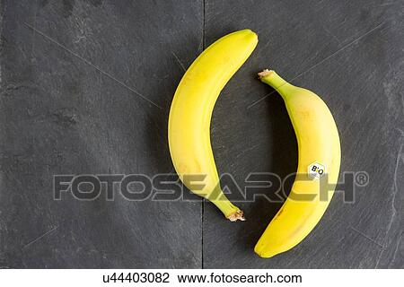 Stock Image - Still life of two bananas - one with bio label. Fotosearch