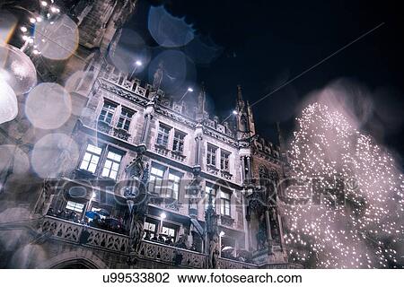 Stock Image - The New Rathaus (Town Hall) and Christmas tree at night, Munich, Germany. Fotosearch
