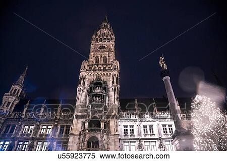 Stock Photography - The New Rathaus (Town Hall) and Christmas tree at night, Munich, Germany. Fotosearch