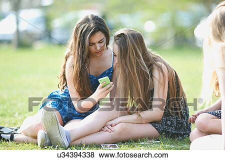 Two teenage girls reading smartphone texts in park View Large Photo Image Stock Photo - Two teenage girls reading smartphone texts in park. Fotosearch