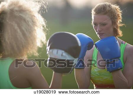 Two women exercising with boxing gloves in the park View Large Photo Image Stock Photo - Two women exercising with boxing gloves in the park. Fotosearch