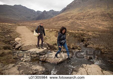 Picture - Woman crossing stream, Fairy Pools, near Glenbrittle, Isle of Skye, Hebrides, Scotland. Fotosearch