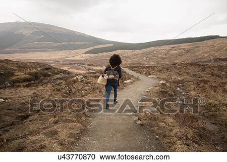 Stock Image - Woman hiking on path, Fairy Pools, Isle of Skye, Hebrides, Scotland. Fotosearch