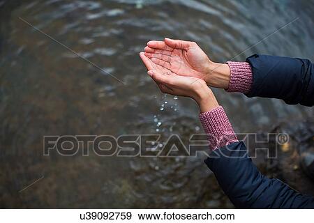 Woman holding water in cupped hands View Large Photo Image Stock Photo - Woman holding water in cupped hands. Fotosearch