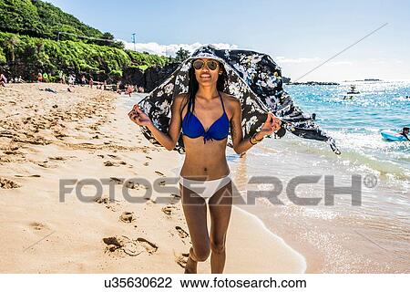 Young woman wearing bikini holding scarf over her head on Waimea Beach, Oahu, Hawaii, USA View Large Photo Image Stock Image - Young woman wearing bikini holding scarf over her head on Waimea Beach, Oahu, Hawaii, USA. Fotosearch