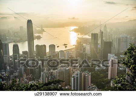 Stock Photo - Aerial view at sunrise, Hong Kong, China. Fotosearch