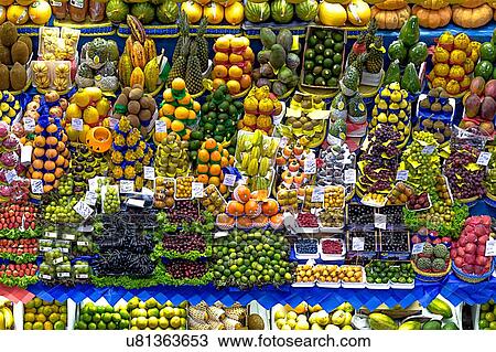 Stock Image - Fruit and vegetable market stall, Sao Paulo, Brazil. Fotosearch