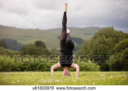 Mature woman practicing yoga standing on head with leg raised in field View Large Photo Image Stock Photo - Mature woman practicing yoga standing on head with leg raised in field. Fotosearch