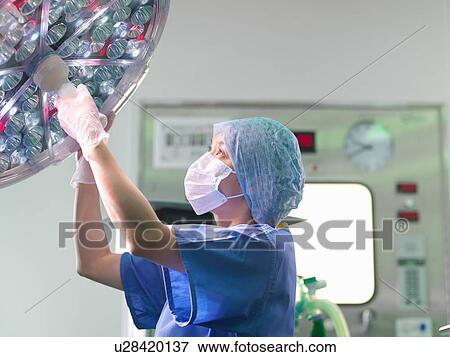 Orthopaedic nurse in operating theatre adjusting lights View Large Photo Image Stock Photo - Orthopaedic nurse in operating theatre adjusting lights. Fotosearch