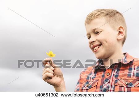 Portrait of boy holding yellow wildflower against overcast sky View Large Photo Image Stock Image - Portrait of boy holding yellow wildflower against overcast sky. Fotosearch