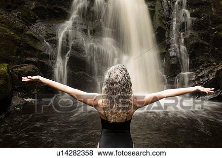 Rear view of mature woman practicing yoga pose in front of waterfall View Large Photo Image Stock Photo - Rear view of mature woman practicing yoga pose in front of waterfall. Fotosearch