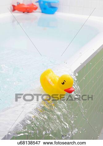 Rubber duck falling out of bath overflowing with water View Large Photo Image Stock Photo - Rubber duck falling out of bath overflowing with water. Fotosearch
