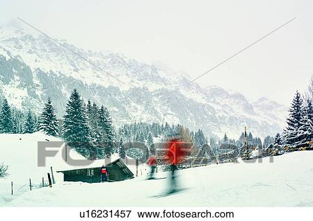 Stock Photo - Skiers moving down ski slope, Wengen, Switzerland. Fotosearch