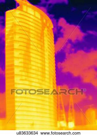 Thermal photograph of skyscraper and construction cranes, Canary Wharf, London, UK View Large Photo Image Picture - Thermal photograph of skyscraper and construction cranes, Canary Wharf, London, UK. Fotosearch