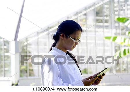 Young female scientist reading digital tablet in lab greenhouse View Large Photo Image Picture - Young female scientist reading digital tablet in lab greenhouse. Fotosearch