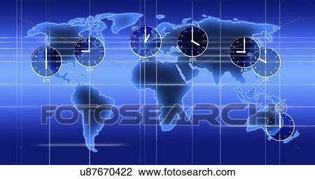 Drawing - World map illustration with time zones. Fotosearch