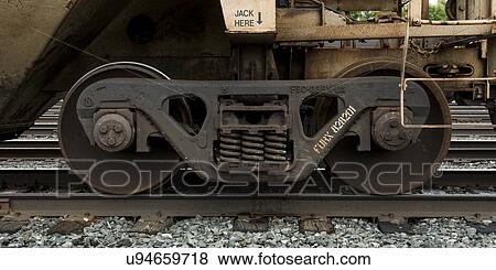 Stock Photo - Close-up of train wheel on railroad track, Kenora, Lake Of The Woods, Ontario, Canada. Fotosearch