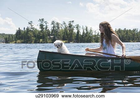 Girl rowing a canoe with a puppy, Lake of the Woods, Ontario, Canada View Large Photo Image Stock Photo - Girl rowing a canoe with a puppy, Lake of the Woods, Ontario, Canada. Fotosearch