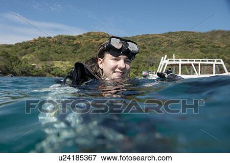 Girl with scuba gear with her head above water, Ixtapa, Guerrero, Mexico View Large Photo Image Stock Photo - Girl with scuba gear with her head above water, Ixtapa, Guerrero, Mexico. Fotosearch