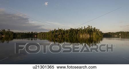 Stock Photography - Reflection of trees on water, Lake Of The Woods, Ontario, Canada. Fotosearch
