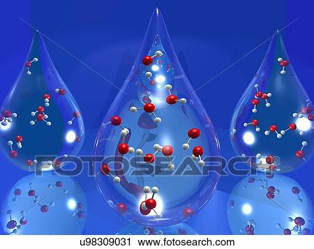 Stock Image - 3D computer graphic illustration of a drop of water with water molecules inside. Fotosearch