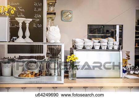 Cafe counter with coffee machine and food display cabinet View Large Photo Image Stock Image - Cafe counter with coffee machine and food display cabinet. Fotosearch