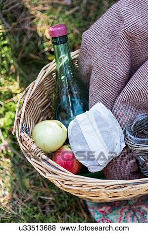 Stock Photo - Close up of picnic basket with apples and bottled water on grass. Fotosearch