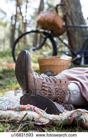 Feet and ankle boots of female forager resting on blanket in forest View Large Photo Image Stock Image - Feet and ankle boots of female forager resting on blanket in forest. Fotosearch
